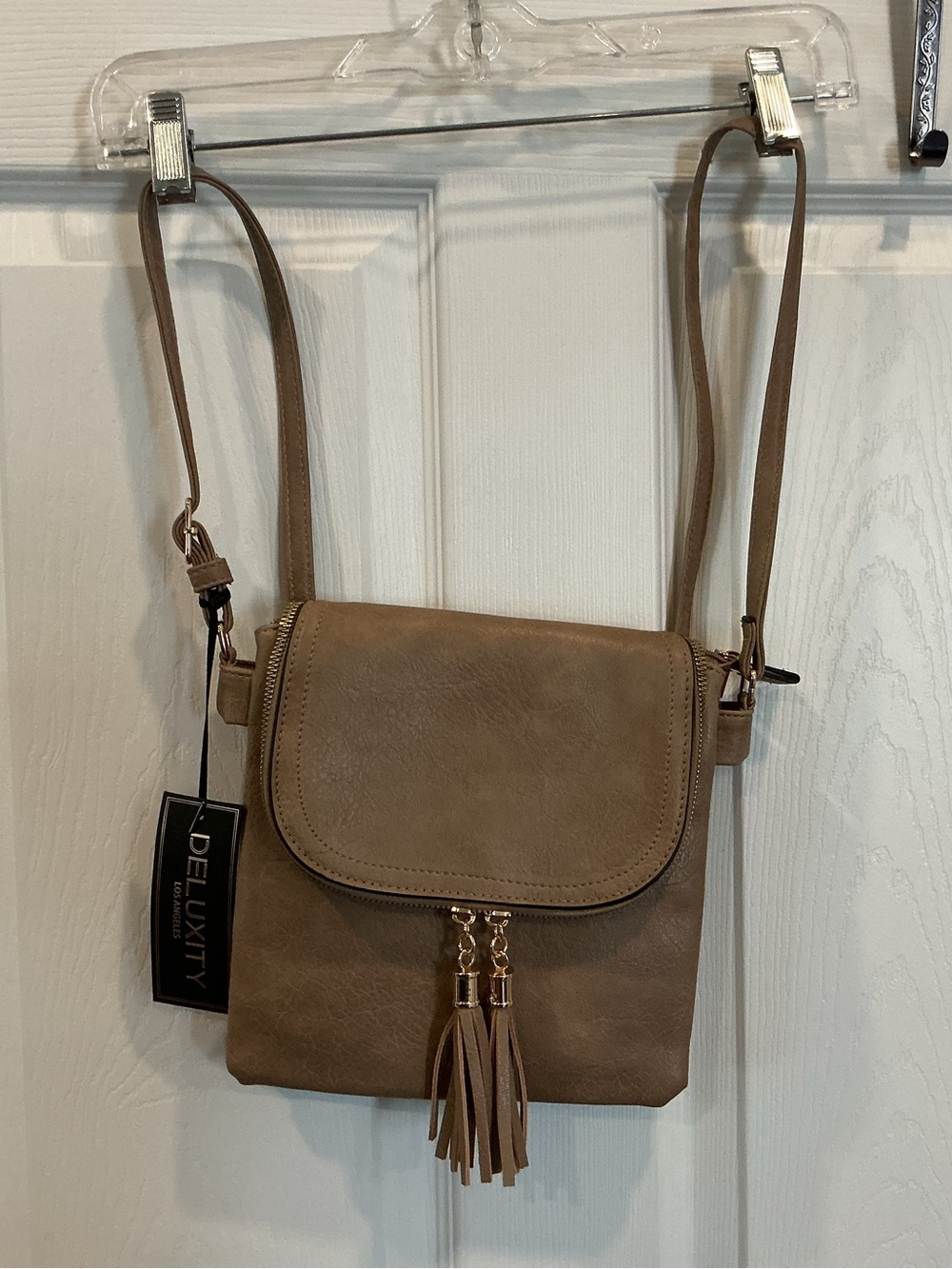 Deluxity Vegan Leather Taupe Crossbody Bag with Tassel- NWT